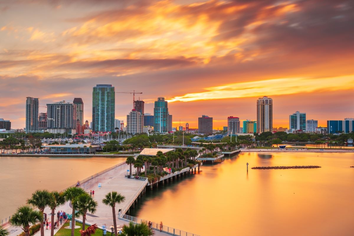 The downtown St. Petersburg, Florida skyline at sunset, seen across the waterfront from the pier
